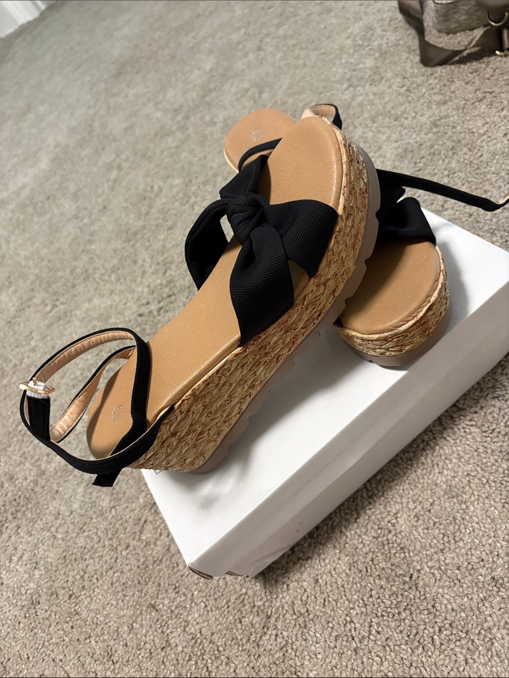 SHEIN Black Bow Espadrille Wedge Sandals with Tan Footbed